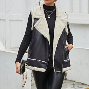 Black Casual Women's Teddy Lined Zip Up Vest Jacket